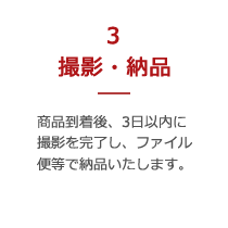 【3.撮影・納品】商品到着後、3日以内に撮影を完了し、ファイル便等で納品いたします。